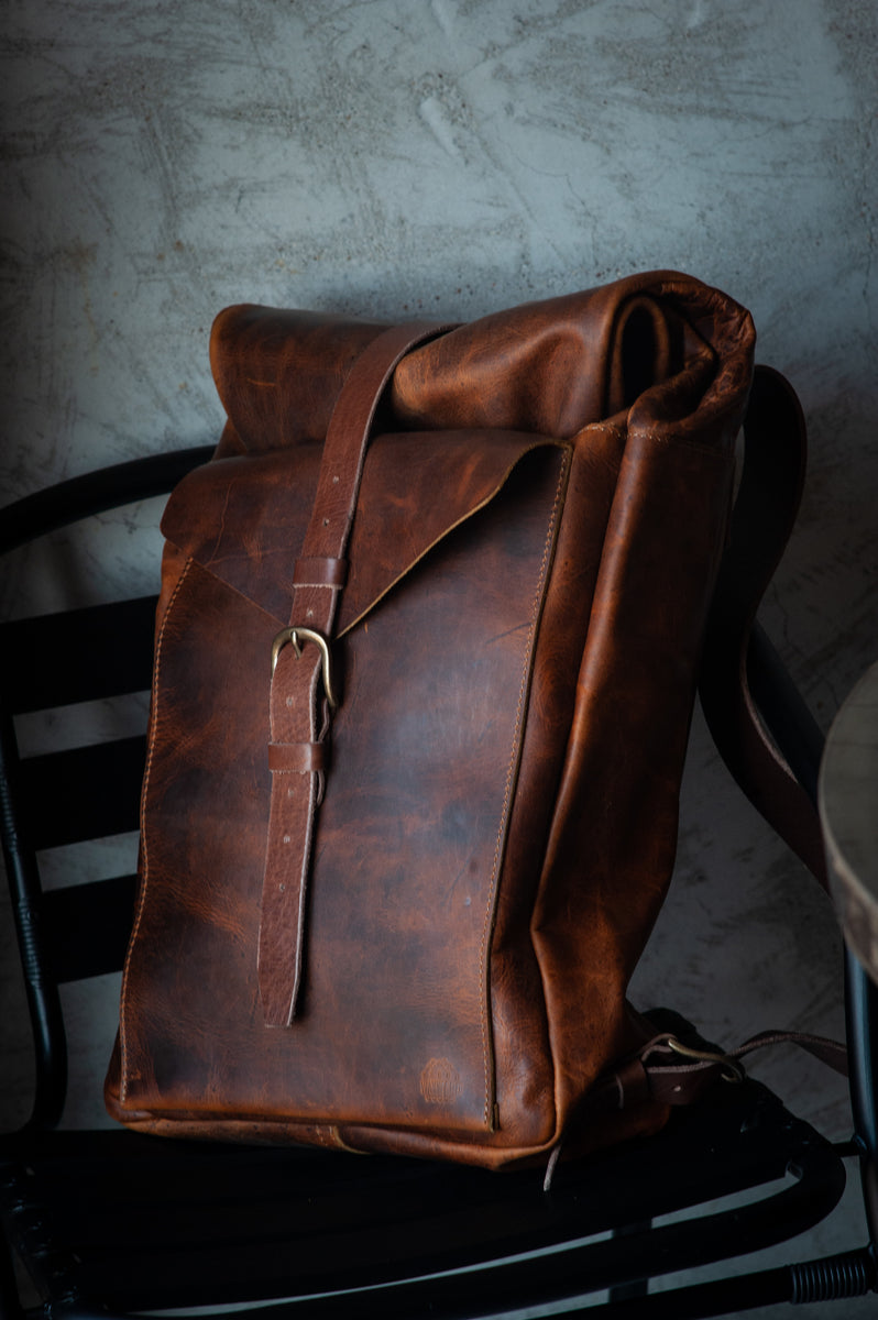 Leather Travel Backpack Rolltop Bag Laptop Pocket Wayward